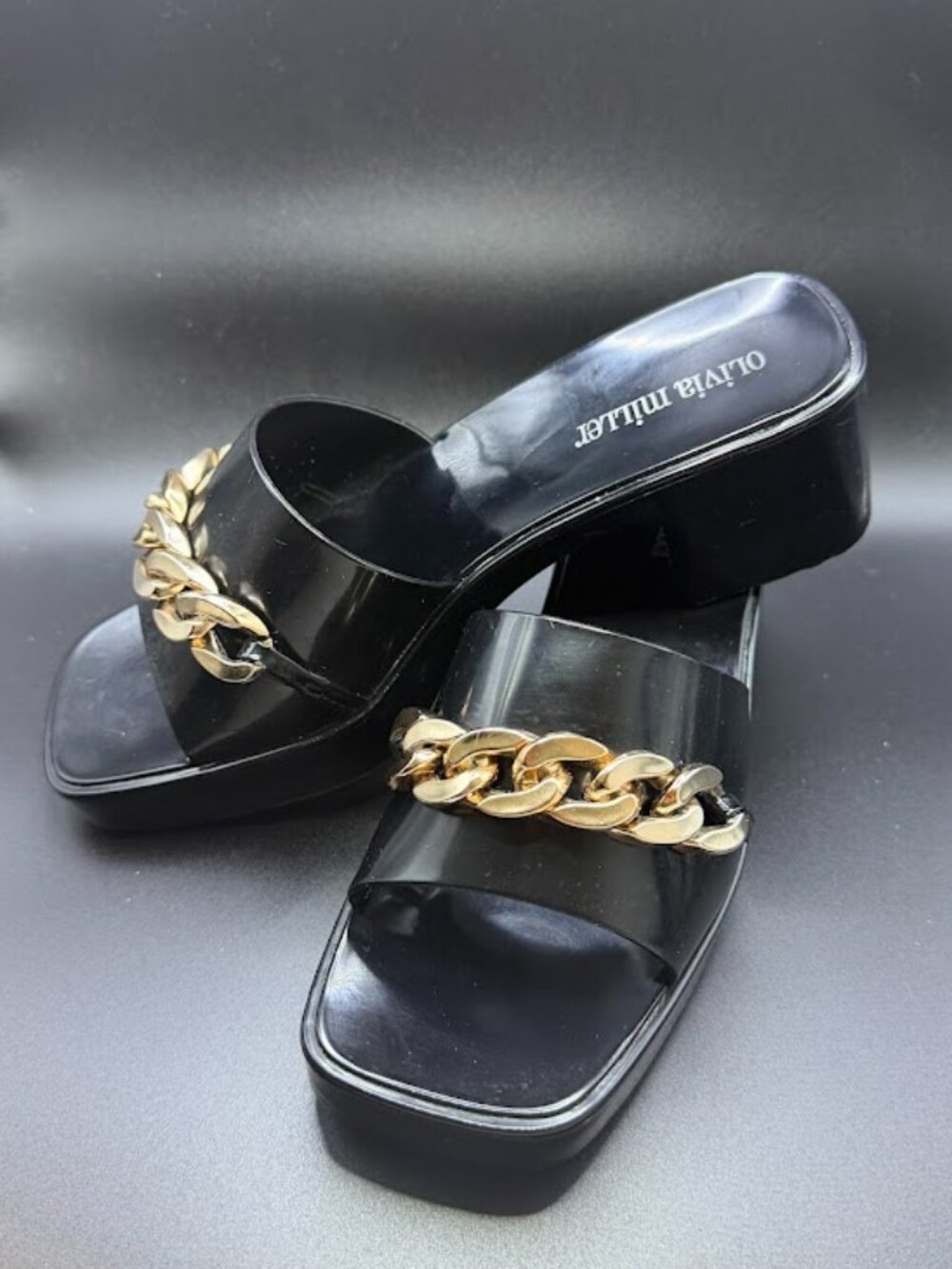 Olivia Miller Black Chain Platform Mule Heels Square Toe Slides
